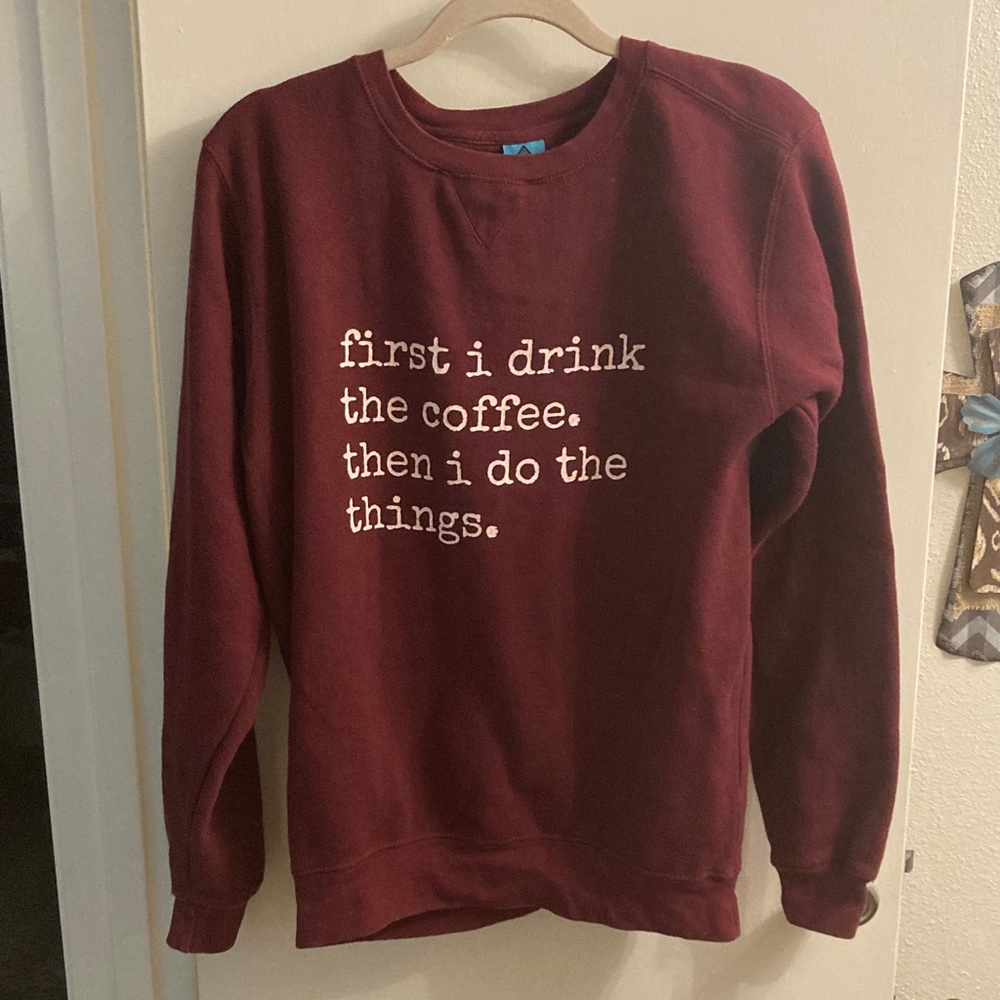 Maroon Graphic Crewneck Sweatshirt with Coffee Slogan